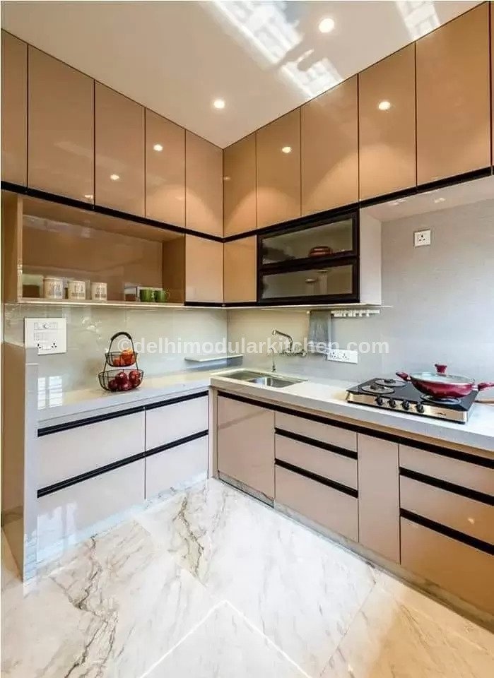 L-Shape Champagne Gloss Modular Kitchen