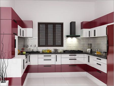 U-Shape Modular Kitchen – Maroon & White