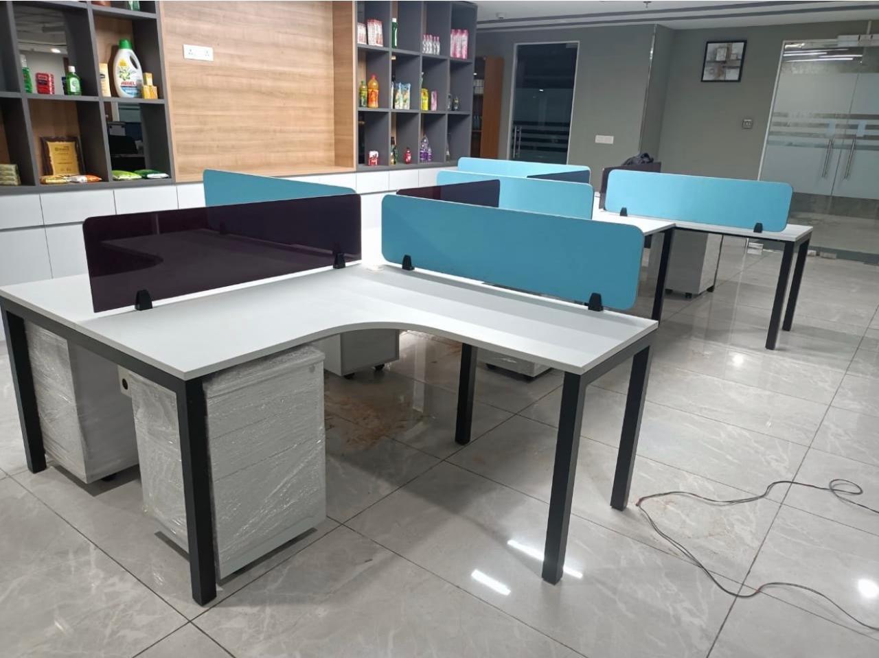 L-shape cluster workstations with teal partition panels