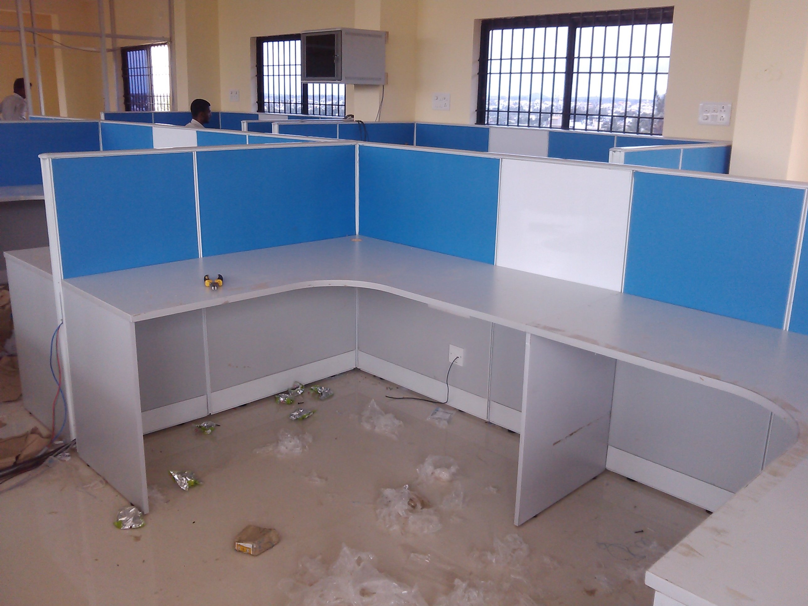 Linear bench workstation with fuchsia partition panels