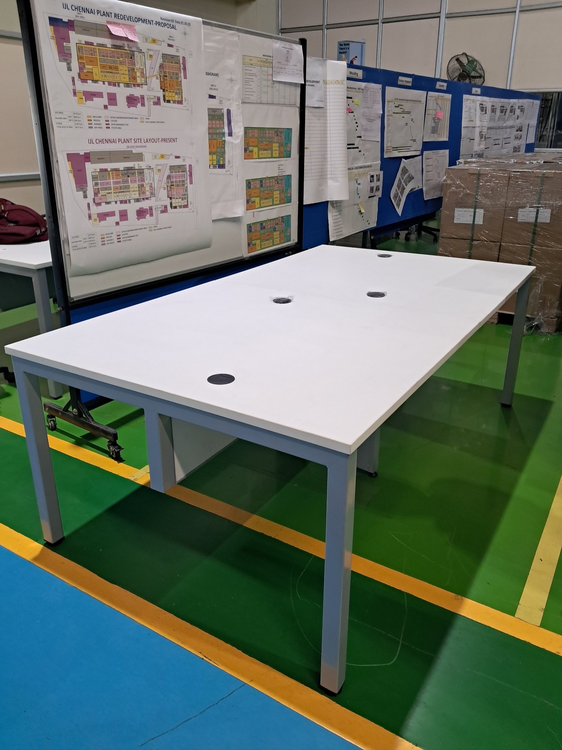 Bench workstation with coordinated blue task chairs